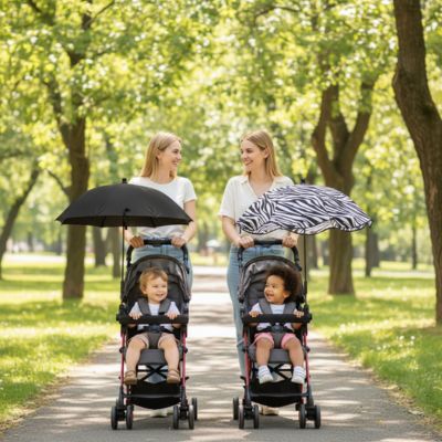 Ombrelle poussette universelle UV 50+ zébrée et noire : 2 mamans, 2 enfants se promenant au parc