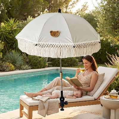 Ombrelle poussette universelle à franges | BabyTedy™- Bébé qui fait la sieste près de maman