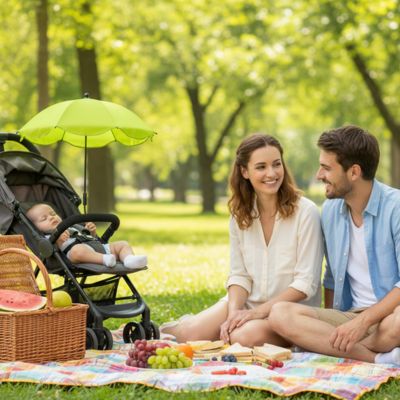 Ombrelle poussette universelle verte BabyFleurella™ pique-nique en famille