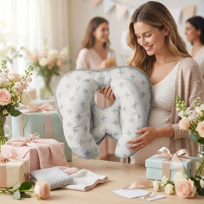 Oreiller pour bébé 2 en 1 croix : babyshower d'une maman qui le reçoit en cadeau 
