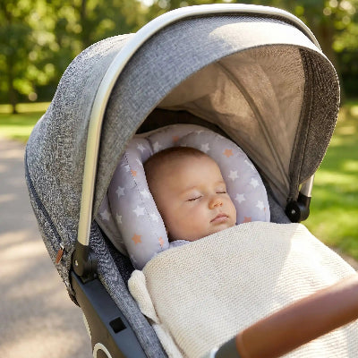 Oreiller pour bébé 2 en 1 étoiles : Bébé protégé par l'oreiller dans la poussette