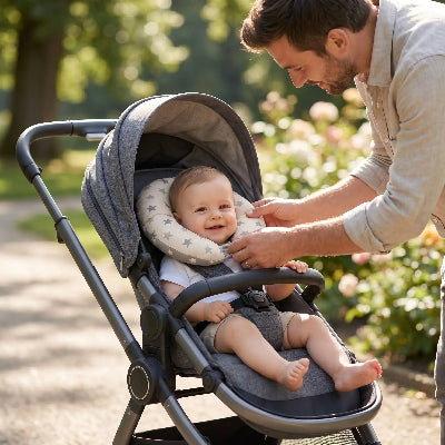 Oreiller pour bébé 2 en 1 étoiles : papa qui ajuste l'oreiller à son garçon souriant dans la poussette