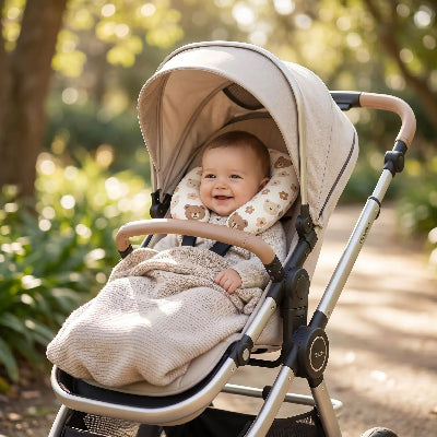 Oreiller pour bébé en U Ourson | ErgoMagique™ – Bébé souriant dans sa poussette