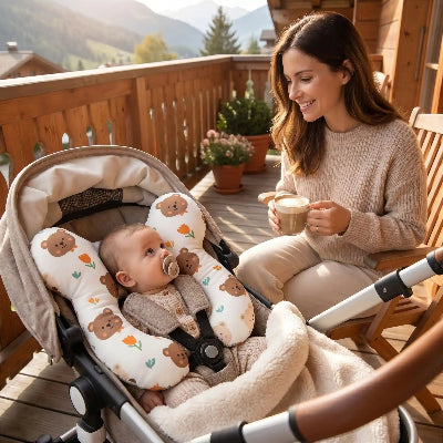 Oreiller pour bébé en U Ourson | ErgoMagique™ – Maman regardant son bébé en prenant la pause-café au chalet