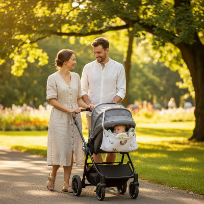 Organisateur de lit bébé mousseline | DodoBag™ – Promenade au parc avec bébé et les parents