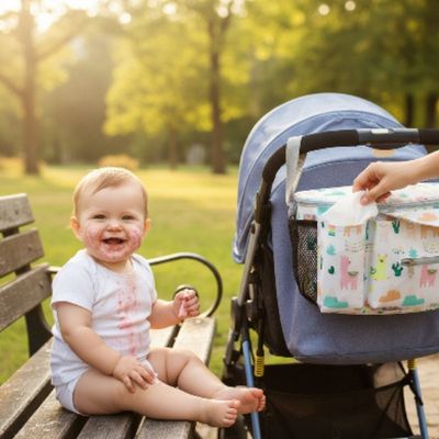 Organisateur de poussette multifonctionnel | Alpaga – Maman qui débarbouille bébé avec lingette à portée main au parc