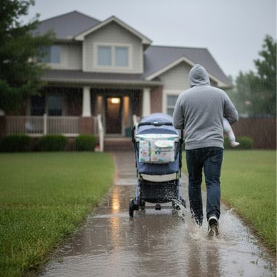 Organisateur de poussette multifonctionnel | Alpaga – Papa et bébé courant vers la maison en temps de pluie.