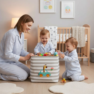 Panier de rangement bébé en lin | Girafe – Jumeaux qui met leurs jouets dans le panier