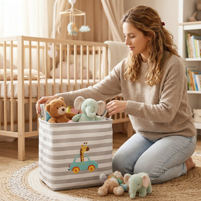 Panier de rangement bébé en lin | Girafe – maman qui range les peluches 