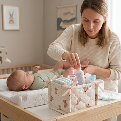 Panier de rangement bébé matelassé | Animaux – Compagnon des changements de couches – Rose
