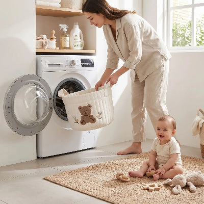 Panier rangement bébé brodé | Petit ours – Entretien dans la salle de lavage avec maman et bébé