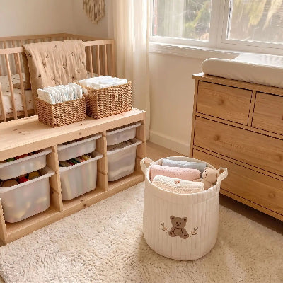 Panier rangement bébé brodé | Petit ours – Organisation intuitive dans la chambre de bébé
