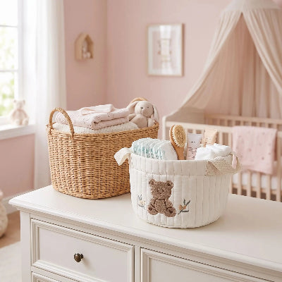 Panier rangement bébé brodé | Petit ours – Tout trouver à la même place dans la chambre bébé fille