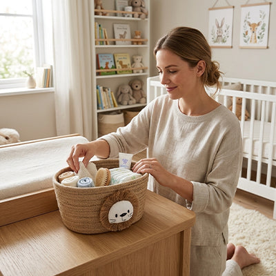 Panier rangement bébé tissé à la main | Lion – Maman qui transporte l'essentiel de bébé