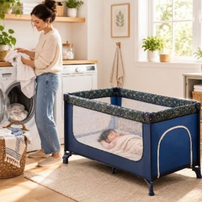 Parc de voyage compact bébé 2-en-1 | Imprimé bleu – Dans la salle de lavage avec maman pendant la sieste