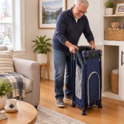 Parc de voyage compact bébé 2-en-1 | Imprimé bleu – Grand-papa qui le range dans le coin du salon