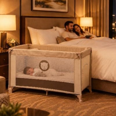 Parc de voyage compact bébé 2-en-1 | Lion – Bébé et parents relaxant dans chambre d'hôtel