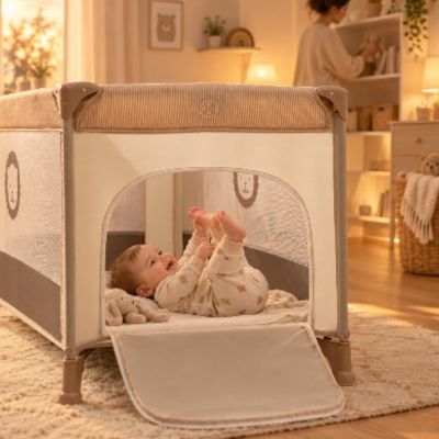 Parc de voyage compact bébé 2-en-1 | Lion – Bébé jouant avec ses pieds pendant que maman range la chambre