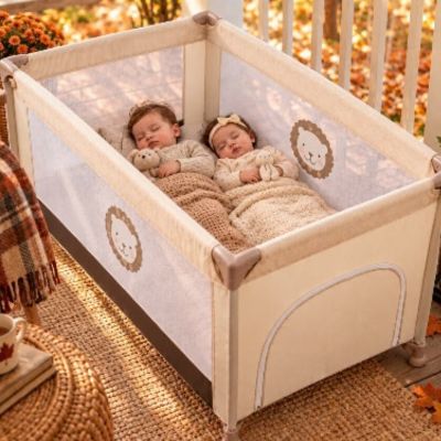 Parc de voyage compact bébé 2-en-1 | Lion – Jumeaux faisant la sieste sous l'avérenda une après-midi d'automne