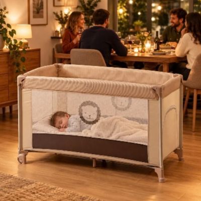 Parc de voyage compact bébé 2-en-1 | Lion – Souper entre amis pendant que bébé dort paisiblement dans la pièce près d'eux