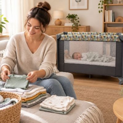 Parc de voyage compact bébé 2-en-1 | Mosaïque grise – Maman qui plie le linge pendant que bébé fait la sieste