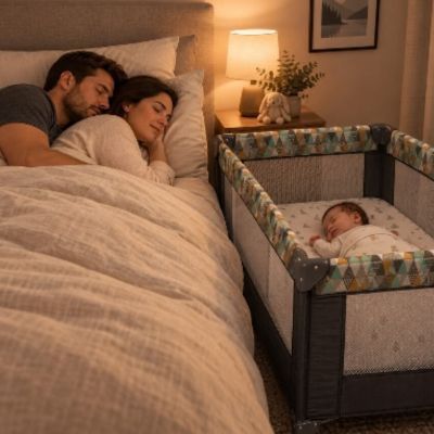 Parc de voyage compact bébé 2-en-1 | Mosaïque grise – Parents qui font du cododo avec bébé dans la chambre d'hôtel