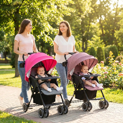 Pare-soleil pour poussette universel | ColoriBaby™ rose – Mamans se promenant au parc avec les poupons