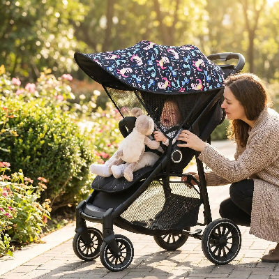 Pare-soleil pour poussette universelle | BabyDinos™ – Contact visuel avec bébé qui pleure avec sa peluche
