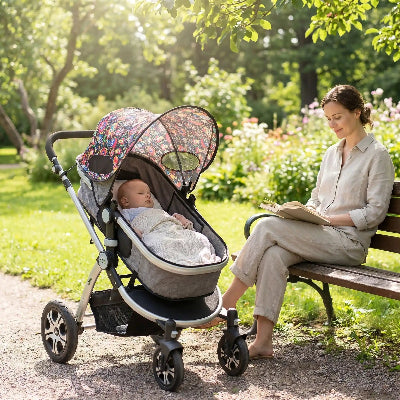 Pare-soleil pour poussette universelle | BabyMonstre™ – Bébé faisant la sieste au parc avec maman