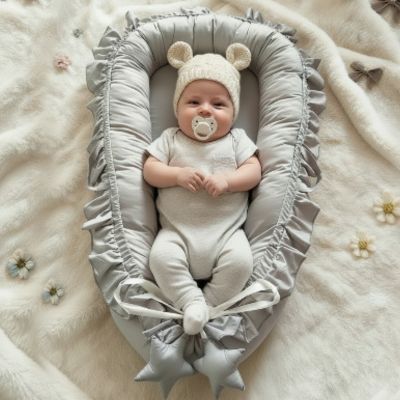 Réducteur de lit portable à volant | Froufrou – Bébé avec chapeau mignon et sa suce 
