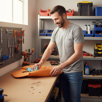 Réducteur de siège bébé | SécuriCuir™ orange – Nettoyage avec chiffon par papa dans garage
