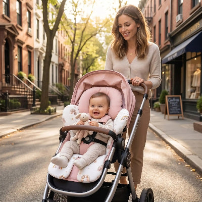 Réducteur de siège bébé ergonomique pour poussette | PremièreSortie™-Arc-en-ciel rose cocon douceur en balade dans quartier avec maman