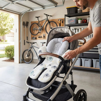 Réducteur de siège bébé ergonomique pour poussette | PremièreSortie™-Éléphant bleu, installation dans la poussette par papa dans le garage