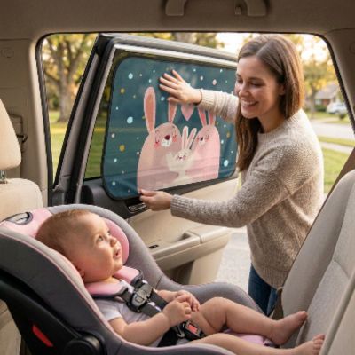 Rideau occultant portable | Lapin rose – Maman qui installe le pare-soleil pour son bébé souriante