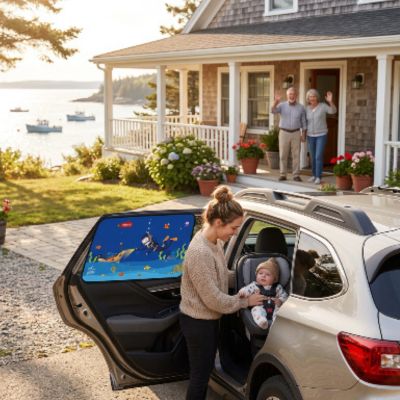 Rideau occultant portable | Plongeur – Arrivé de maman et bébé chez les grands-parents au bord de mer