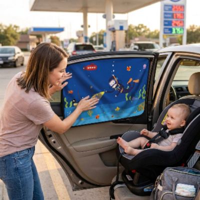 Rideau occultant portable | Plongeur – Installation par maman du pare-soleil pour son bébé