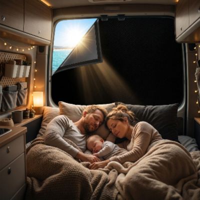 Rideau occultant portable voyage | BabeOnyx – Famille qui se repose dans le camping-car, l'après-midi au bord de mer 