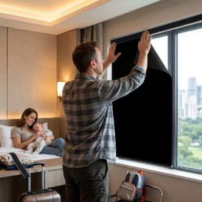 Rideau occultant portable voyage | Onyx – Papa installe le tout sur la fenêtre de la chambre d'hôtel
