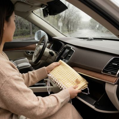 Rideau occultant voyage à ventouses auto | À carreaux – Maman qui range dans le coffre à gants le pare-soleil