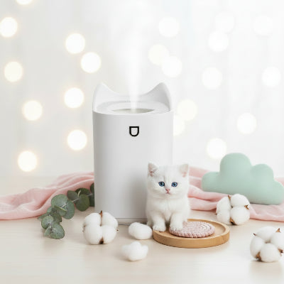 Humidificateur d'air bebe grande capacité | Oreilles de chat – avec bébé chat – Blanc