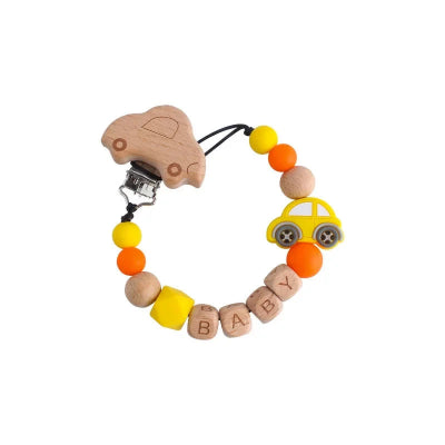 Attache Sucette Personnalisée Voiture Bois Garçon | PureBaby™ jaune