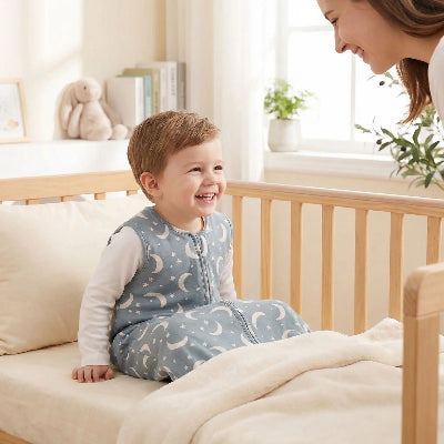 Sac de couchage bébé LaPetiteNuit™ lune petit garçon souriant assis sur lit