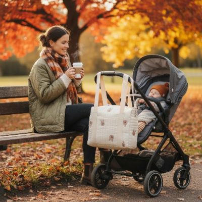 Sac de poussette doux avec broderie | Fourre-tout – Prendre le café avec bébé en ballade automnale au parc