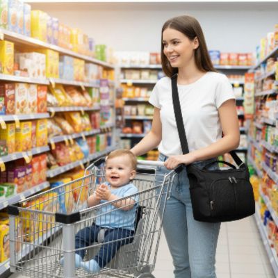 Sacoche poussette portable | Banana – Maman à l'épicerie avec bébé en sécurité
