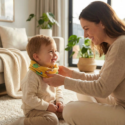 Tour de cou bebe Dinosaure jaune maman mettant celui-ci à son enfant