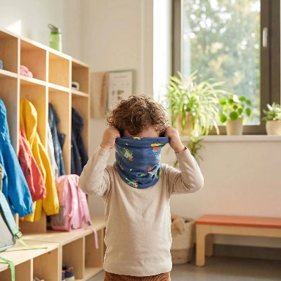 Tour de cou bebe bleu  que l'enfant met en autonomie en garderie
