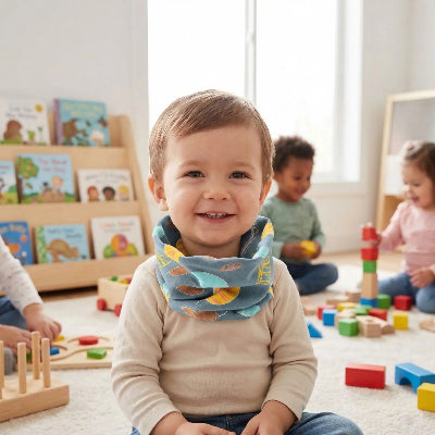 Tour de cou feuille verte enfant en garderie souriant