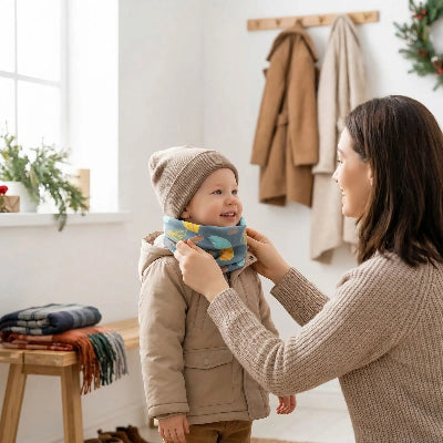 Tour de cou feuille verte maman et enfant se préparant pour la sortie