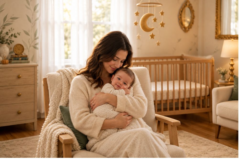 Une mère tient tendrement son bébé dans un fauteuil, dans une chambre aux tons crème et dorés avec un mobile de lune et d’étoiles