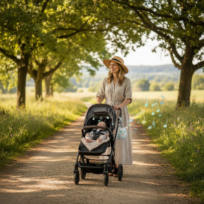 Veilleuse bruit blanc portable 30 sons apaisants | Hibou – Bébé en poussette qui fait la sieste en campagne avec maman
